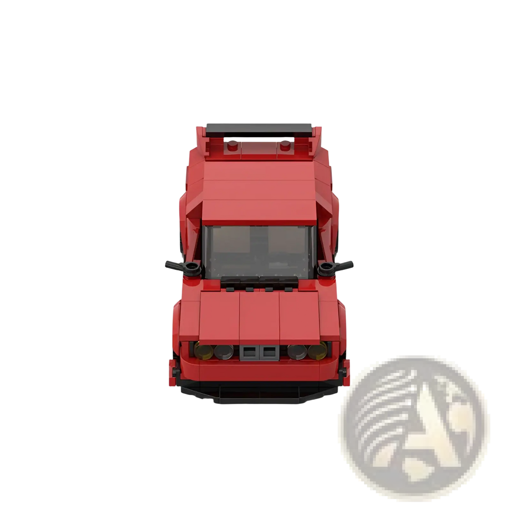 Red sports car building block set M10386 featuring a red lego brick-built design with black accents and roof spoiler