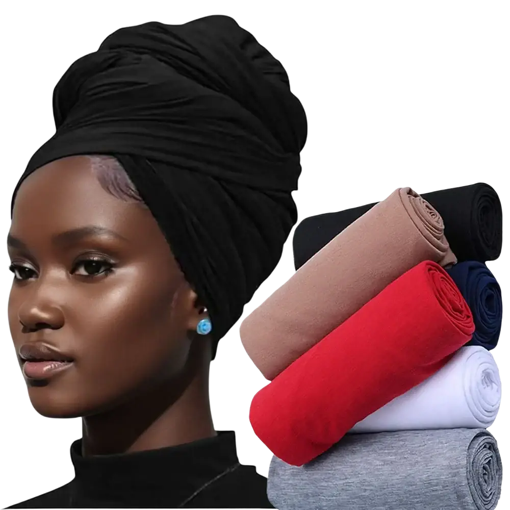 Black turban headwrap for women featuring soft draped fabric in a stretchy design for comfortable wear