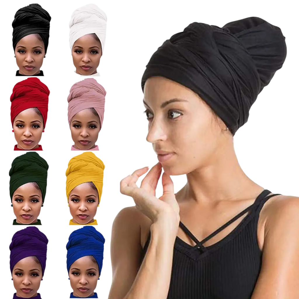 Black turban headwrap with soft stretchy fabric and elegant twisted design for women