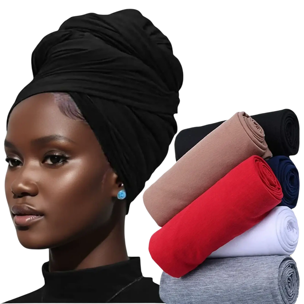 Black turban headwrap for women featuring soft draped fabric in a stretchy design for comfortable wear