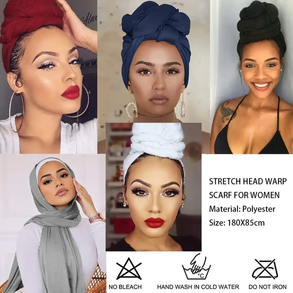 Red stretchy turban headwrap for women made of versatile fabric available in solid colors including navy blue and gray