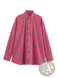 A vibrant red and white vertically striped long sleeve button-up shirt with a classic collar and loose fit