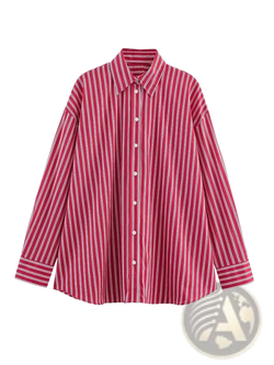 A vibrant red and white vertically striped long sleeve button-up shirt with a classic collar and loose fit