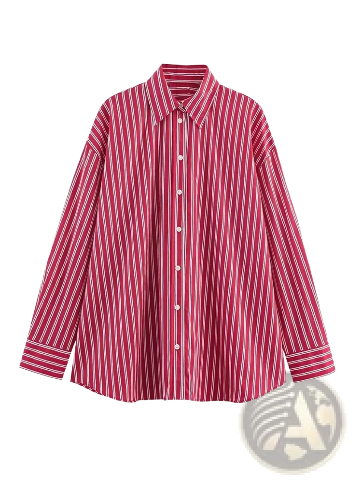 A vibrant red and white vertically striped long sleeve button-up shirt with a classic collar and loose fit