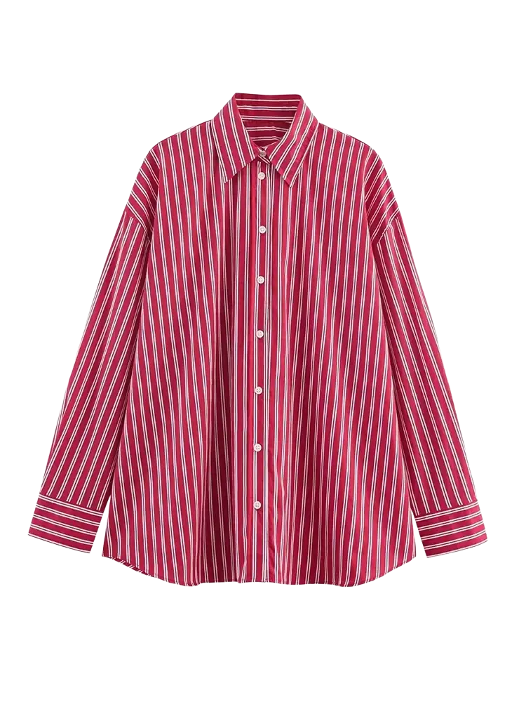 A vibrant red and white vertically striped long sleeve button-up shirt with a classic collar and loose fit
