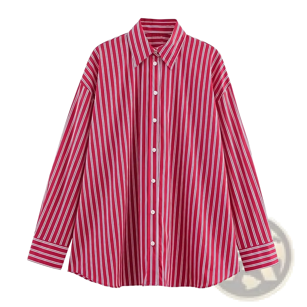 A vibrant red and white vertically striped long-sleeved button-up shirt with a classic collar for casual wear