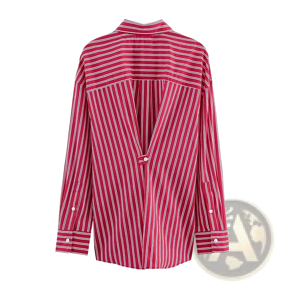 Red striped button up shirt loose long sleeve top showing the back with a distinctive opening and vibrant vertical stripes