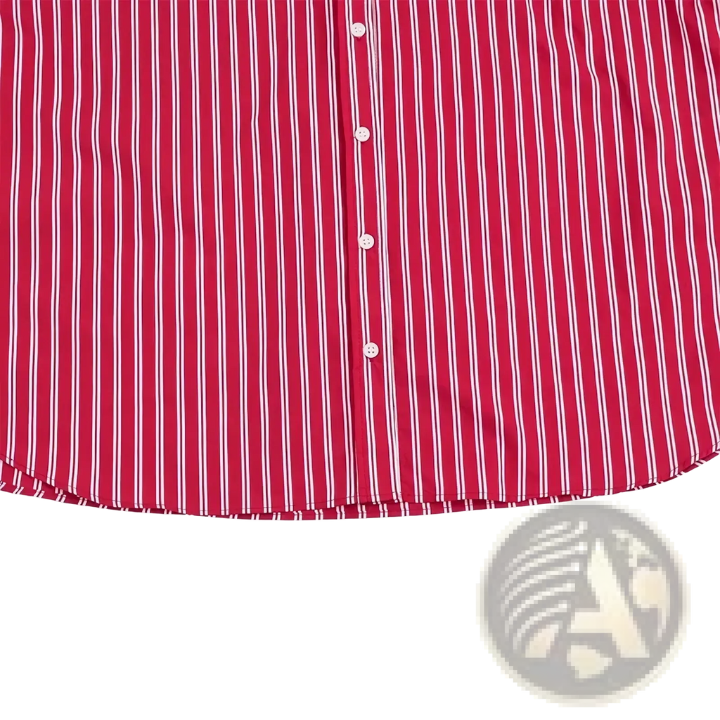 Red and white vertically striped button up shirt with classic collar loose long sleeve top for casual wear