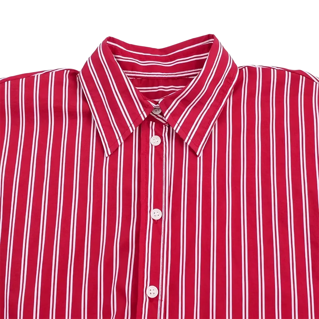 Red striped button up shirt with vertical red and white stripes and classic collar long sleeve top