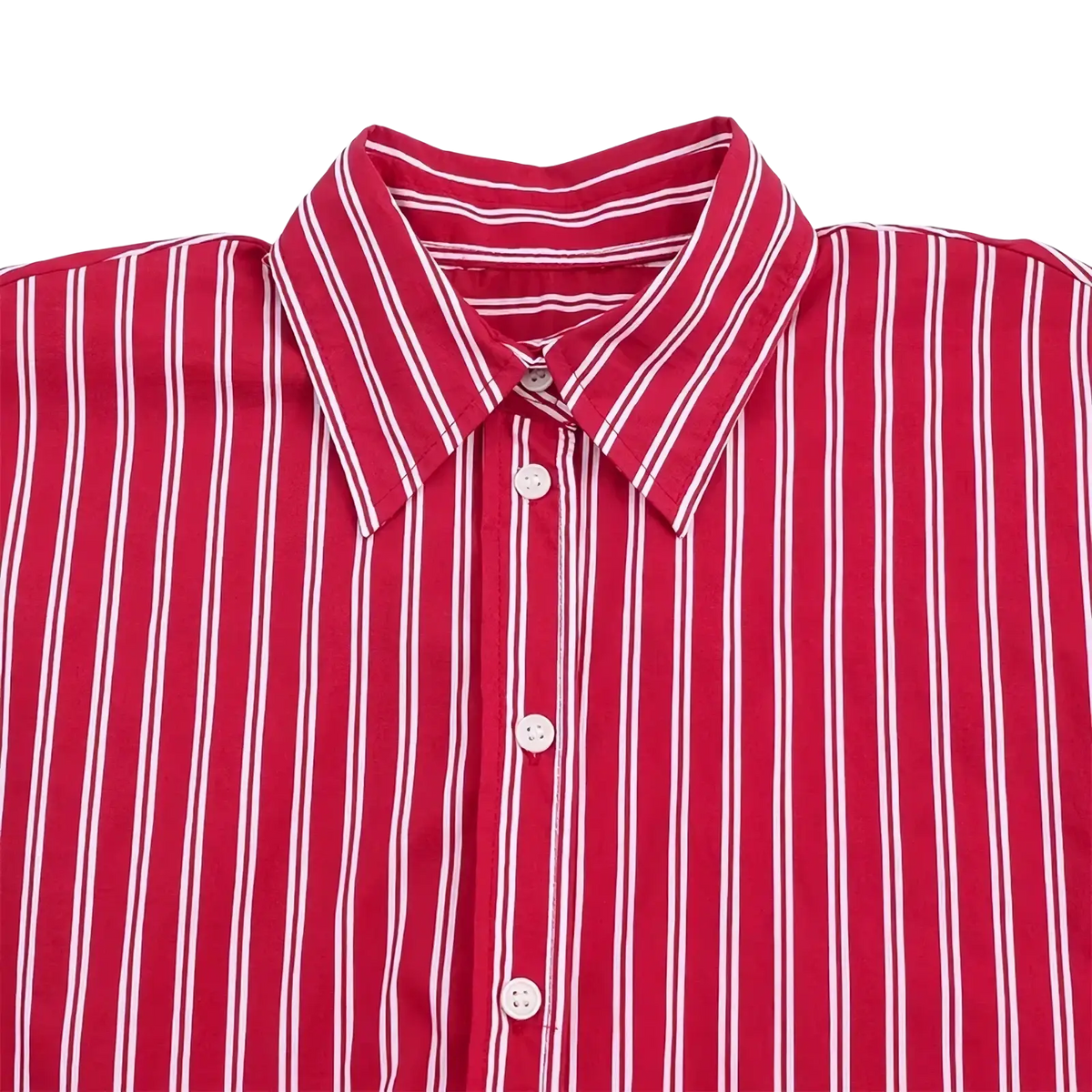 Red striped button up shirt with vertical red and white stripes and classic collar long sleeve top