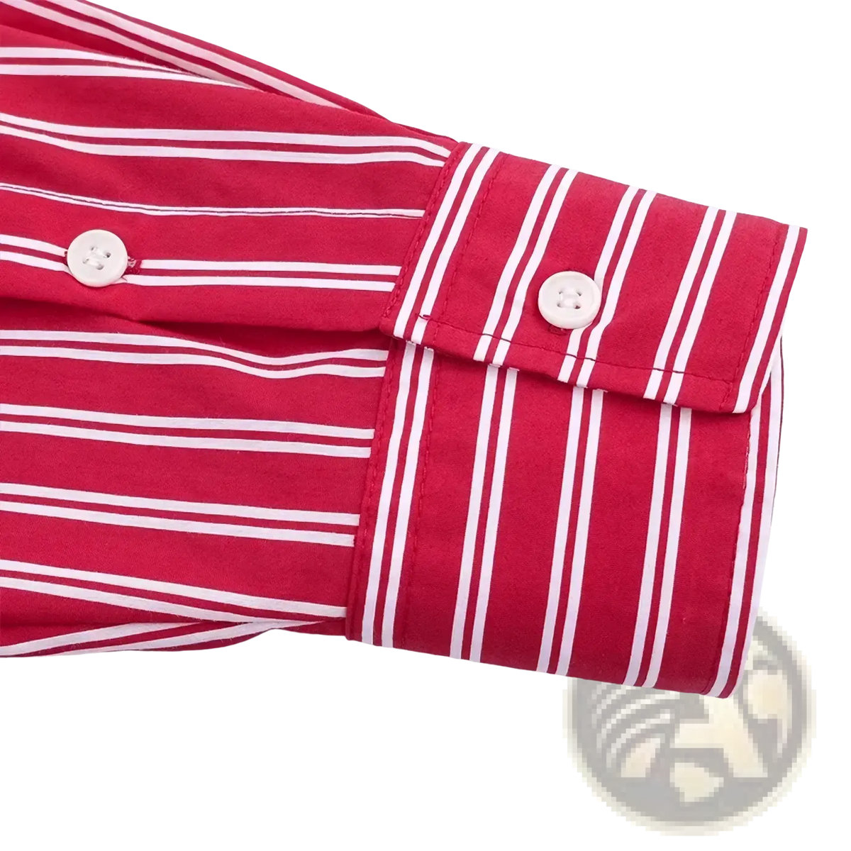 Red striped button up shirt cuff with vertical stripes and cream-colored buttons on a loose long sleeve top