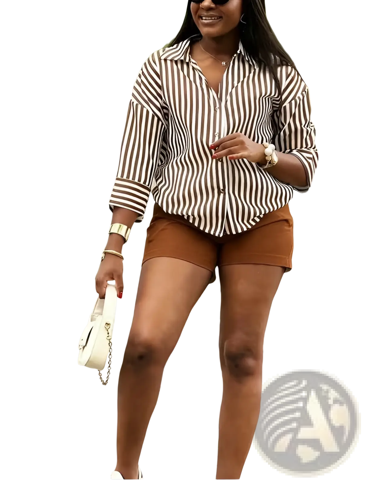 White chain-strap handbag with compact structured design paired with red striped loose fit button up shirt