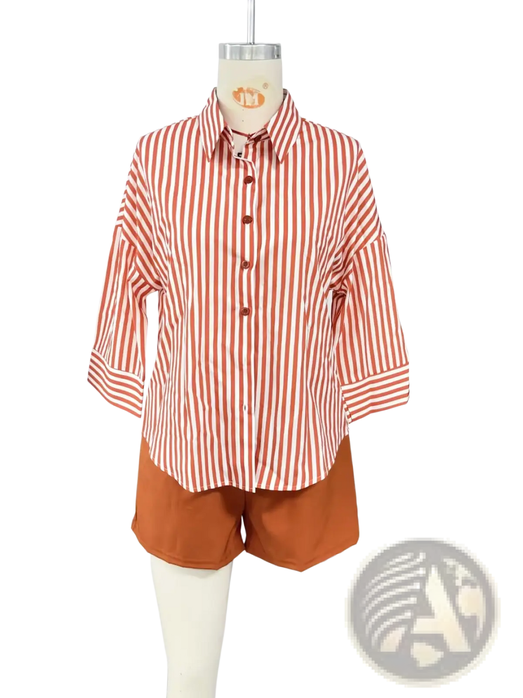 Red striped loose fit button up shirt with red and white vertical stripes and three quarter length sleeves for women