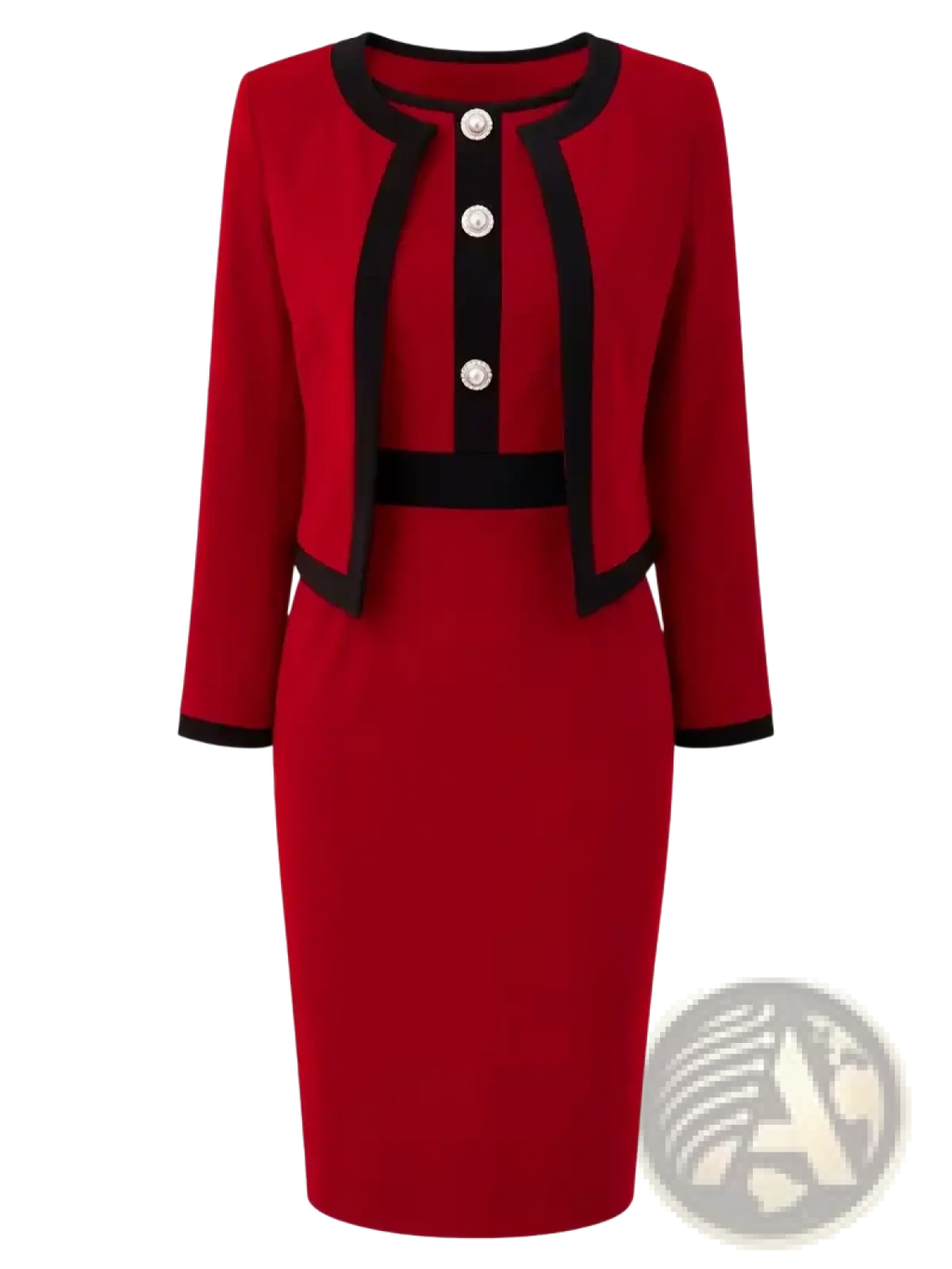 Red sleeveless knit suit dress set with black trim and three silver buttons in a pencil midi style jacket