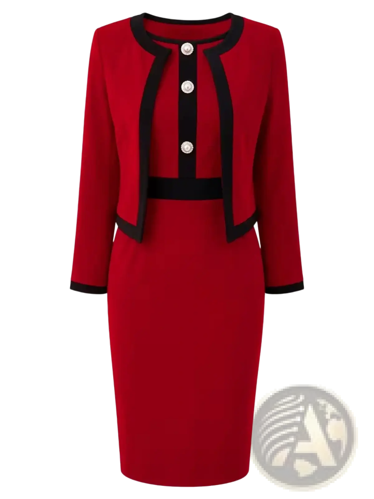 Red sleeveless knit suit dress set with black trim and three silver buttons in a pencil midi style jacket