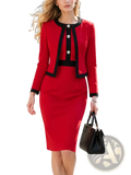 A red suit dress set with sleeveless pencil midi skirt and fitted jacket featuring black trim and silver buttons