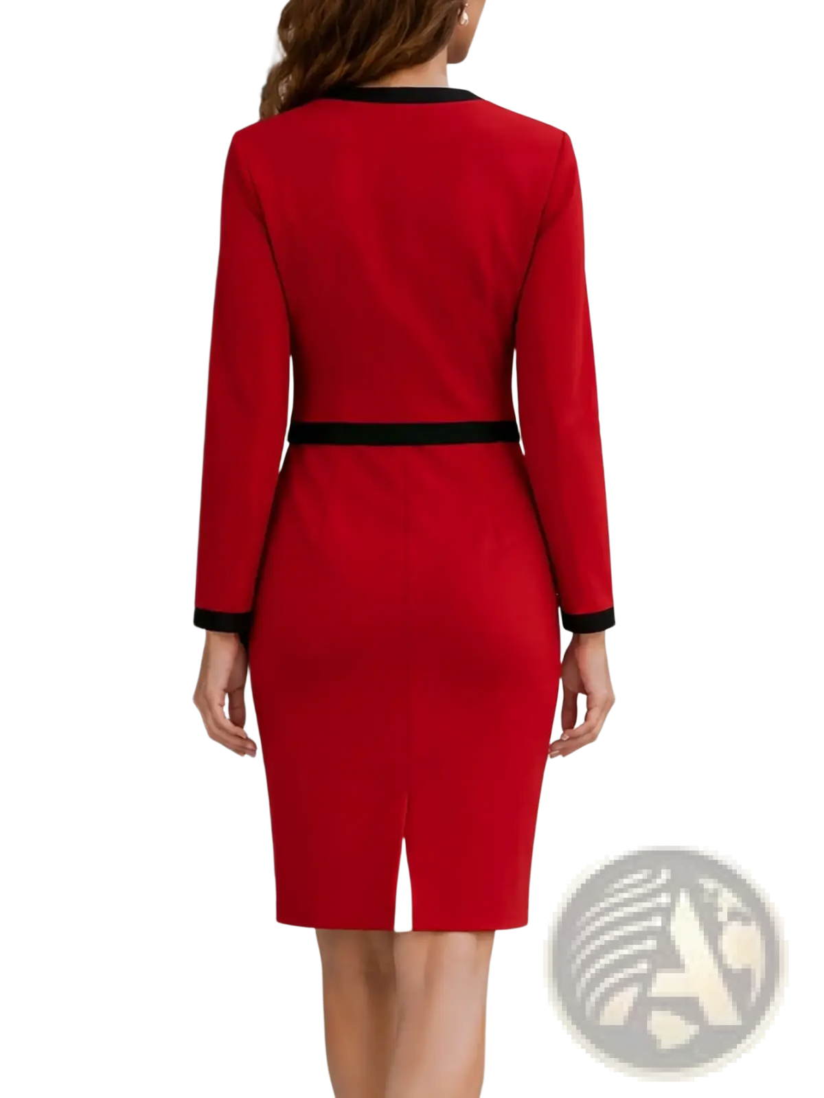 A vibrant red long-sleeved pencil dress with black trim in a red suit dress set sleeveless pencil midi jacket