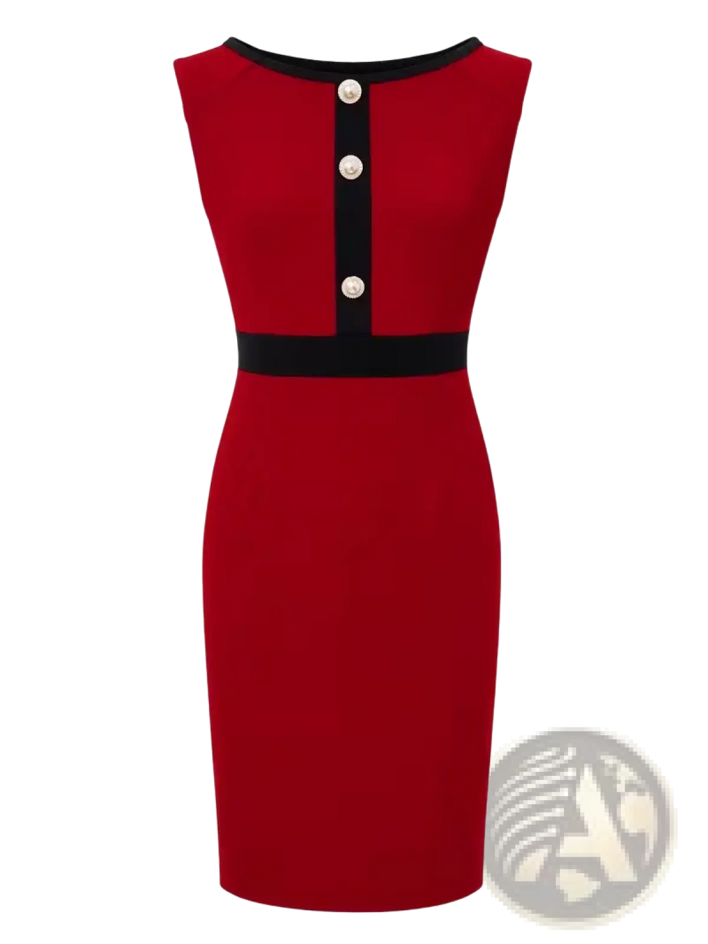 A vibrant red sleeveless sheath dress with black trim and silver buttons from the red suit dress set midi jacket