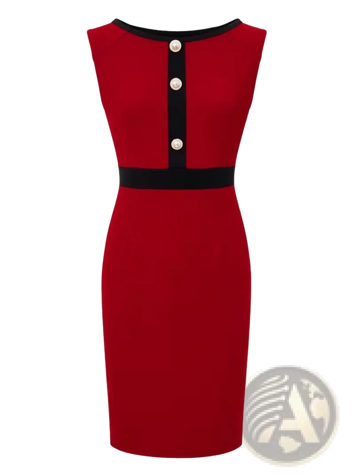 A vibrant red sleeveless sheath dress with black trim and silver buttons from the red suit dress set midi jacket