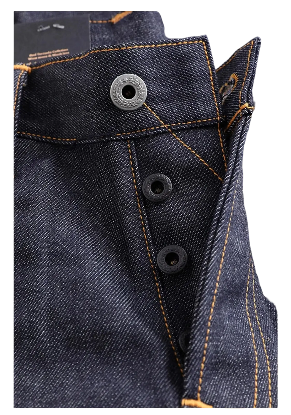 Red Tornado 16oz slim straight selvedge jeans in dark blue denim with silver metal and black plastic buttons and tan stitching
