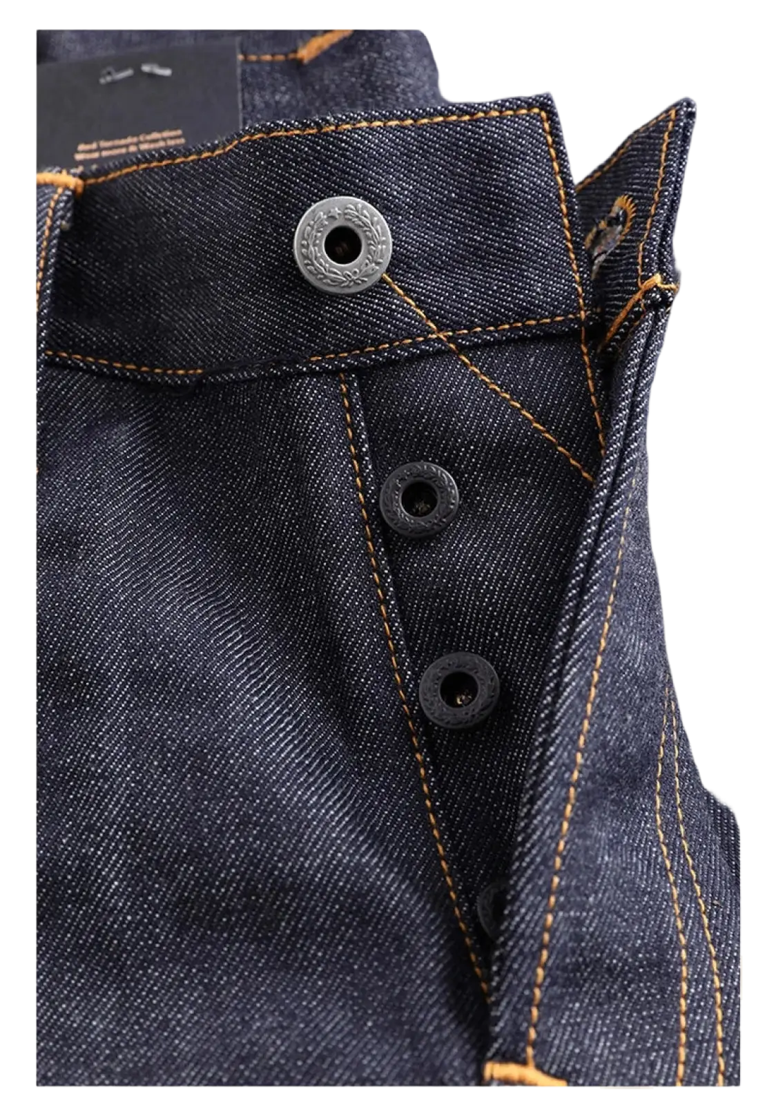 Red Tornado 16oz slim straight selvedge jeans in dark blue denim with silver metal and black plastic buttons and tan stitching