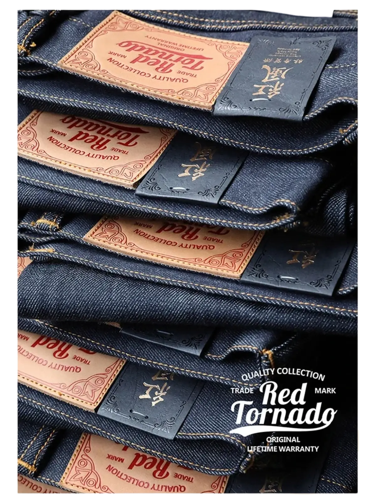 Dark blue denim Red Tornado 16oz slim straight selvedge jeans with tan and black leather brand patches