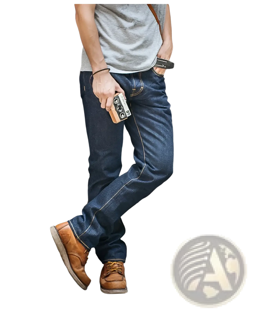 Dark blue denim red tornado 16oz slim straight selvedge jeans with visible stitching and classic fit front view