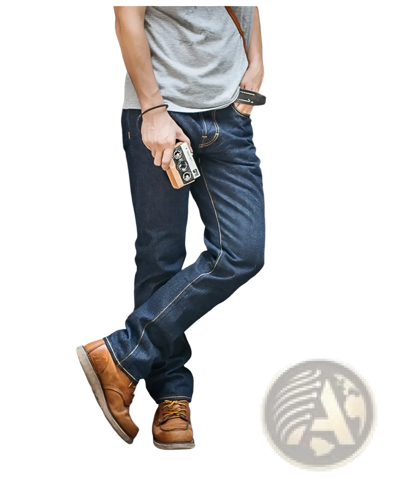 Dark blue denim red tornado 16oz slim straight selvedge jeans with visible stitching and classic fit front view