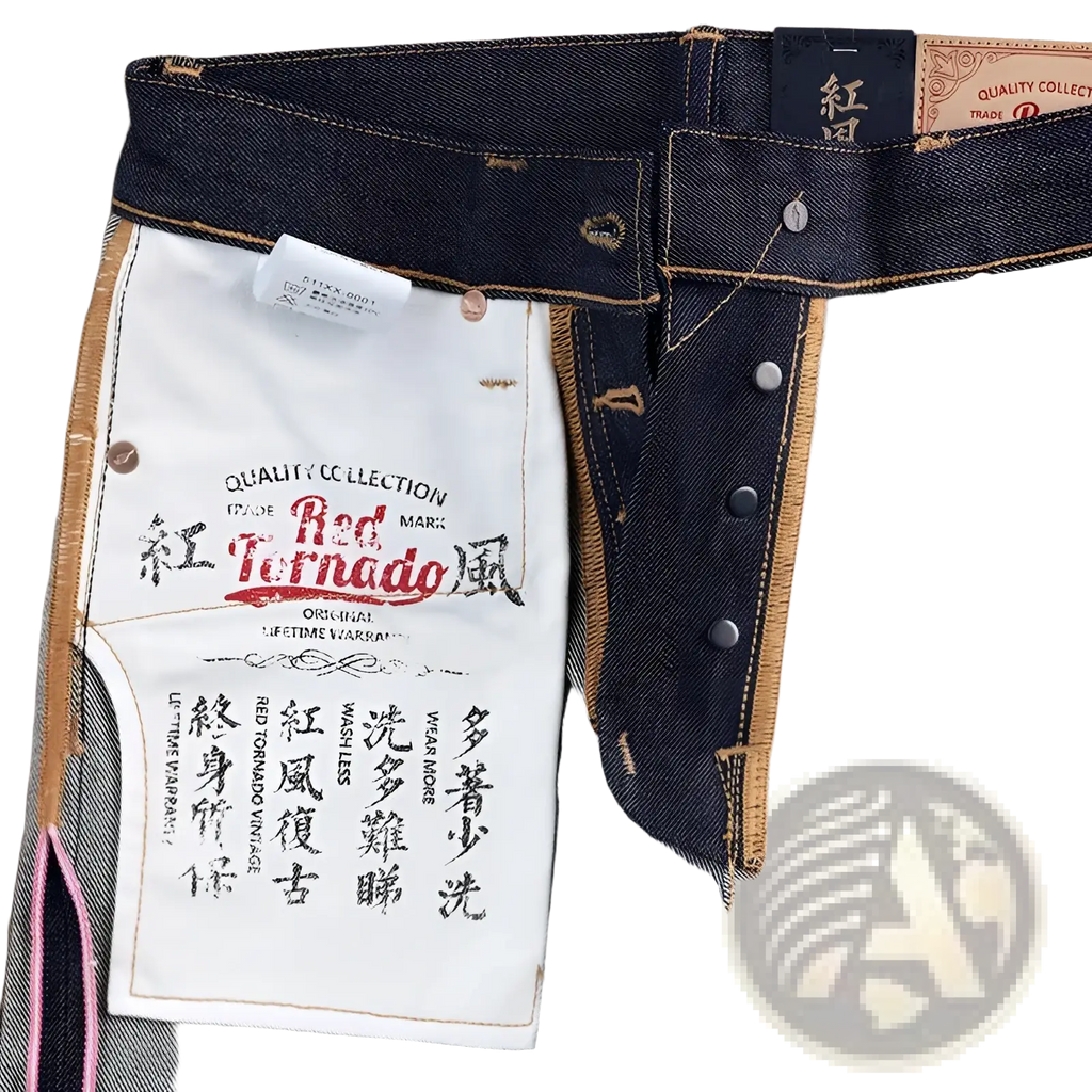 Dark blue 16oz slim straight selvedge denim jeans with white label featuring red tornado brand name in red and black text