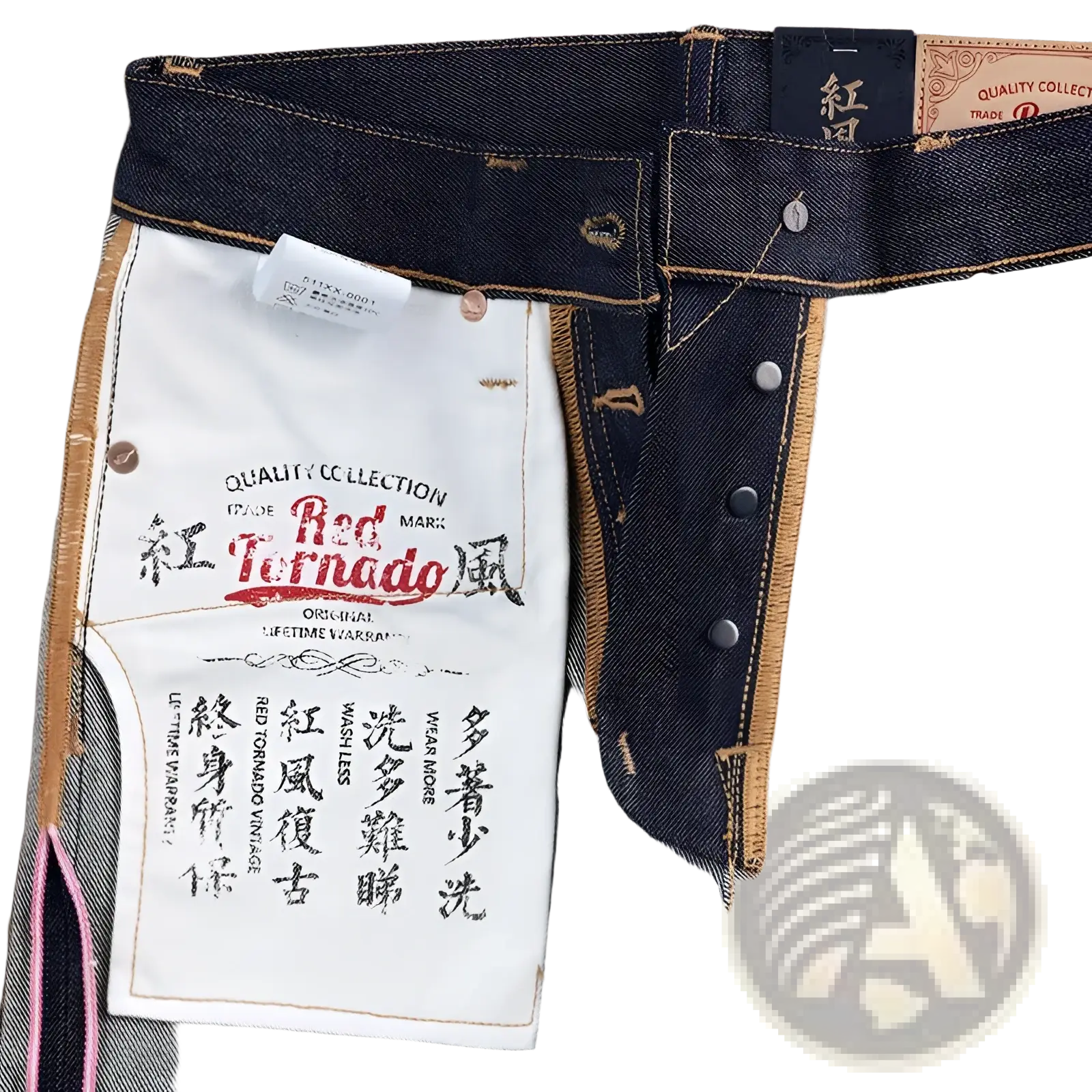 Dark blue 16oz slim straight selvedge denim jeans with white label featuring red tornado brand name in red and black text