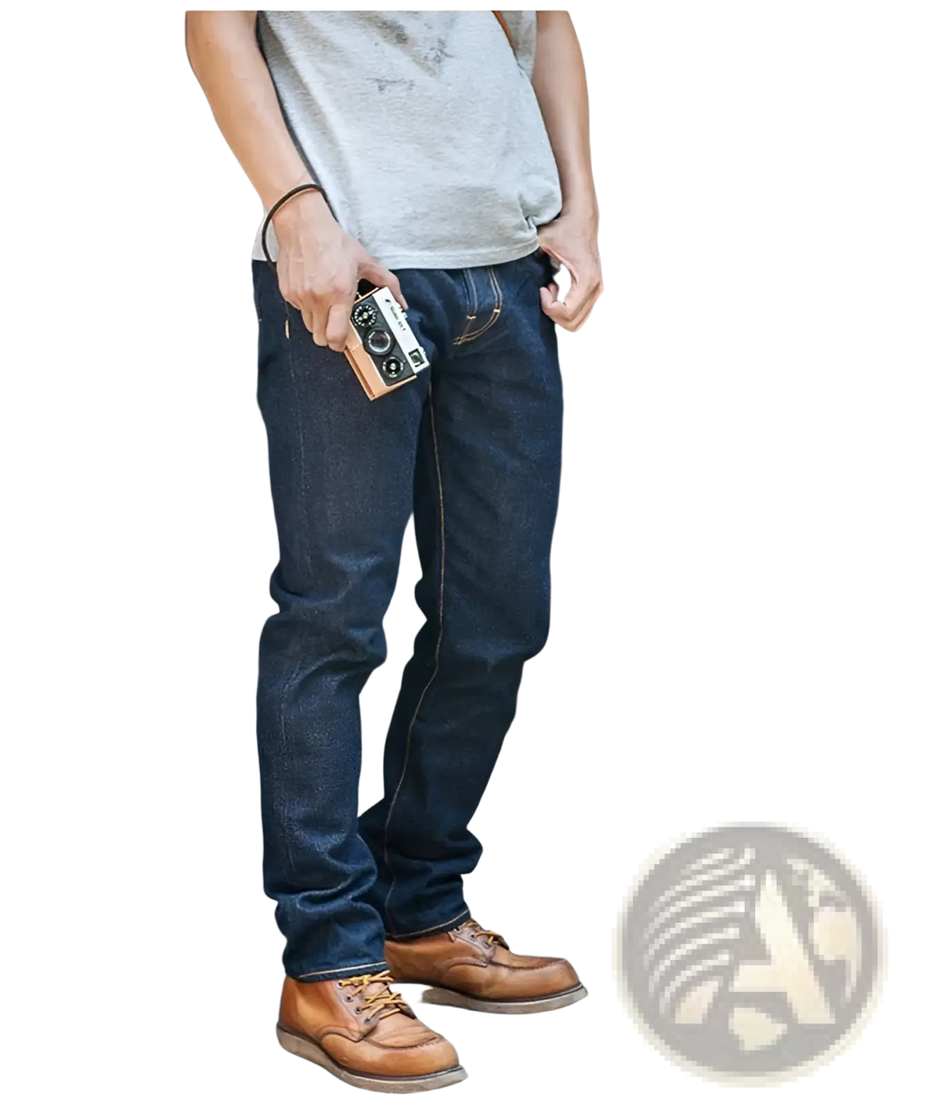Dark indigo red tornado 16oz slim straight selvedge jeans with classic straight-leg cut and visible stitching details