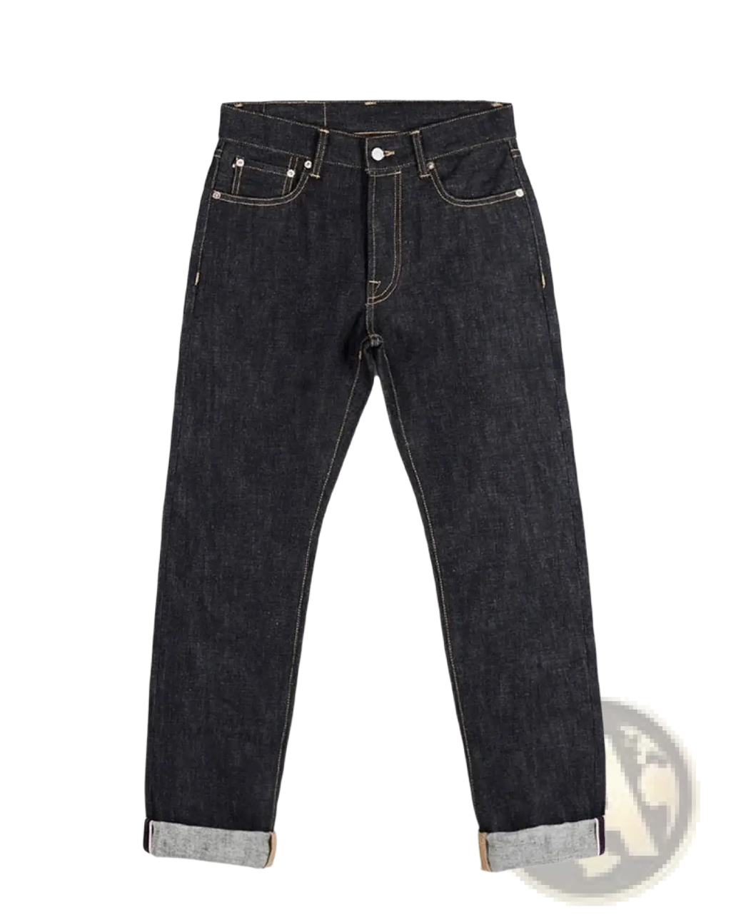 Dark indigo Red Tornado 16oz slim straight selvedge jeans with classic five-pocket design and rolled cuffs revealing lighter fabric