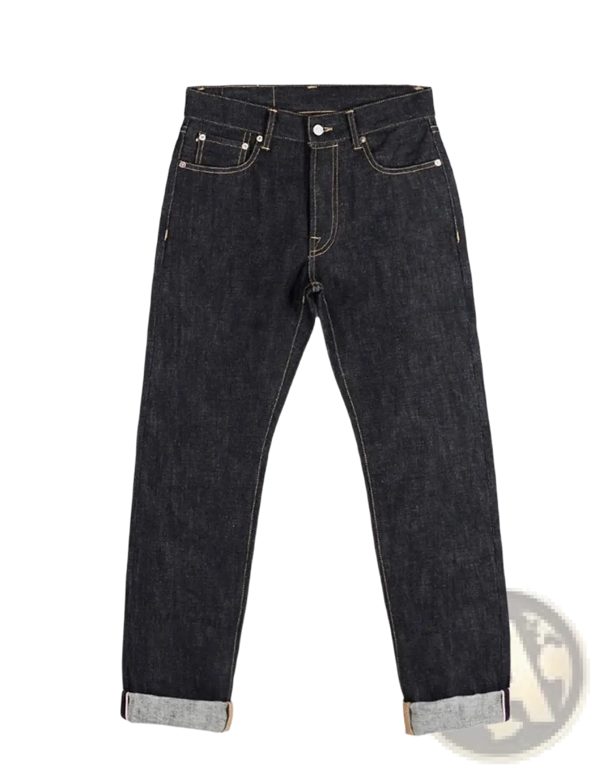 Dark indigo Red Tornado 16oz slim straight selvedge jeans with classic five-pocket design and rolled cuffs revealing lighter fabric