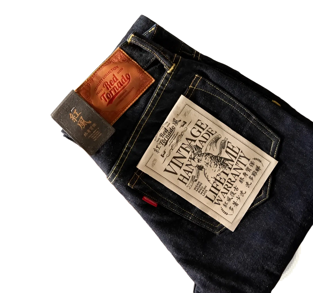 Dark indigo 16oz slim straight selvedge denim jeans with vintage handmade patch and red tornado leather tag on back side