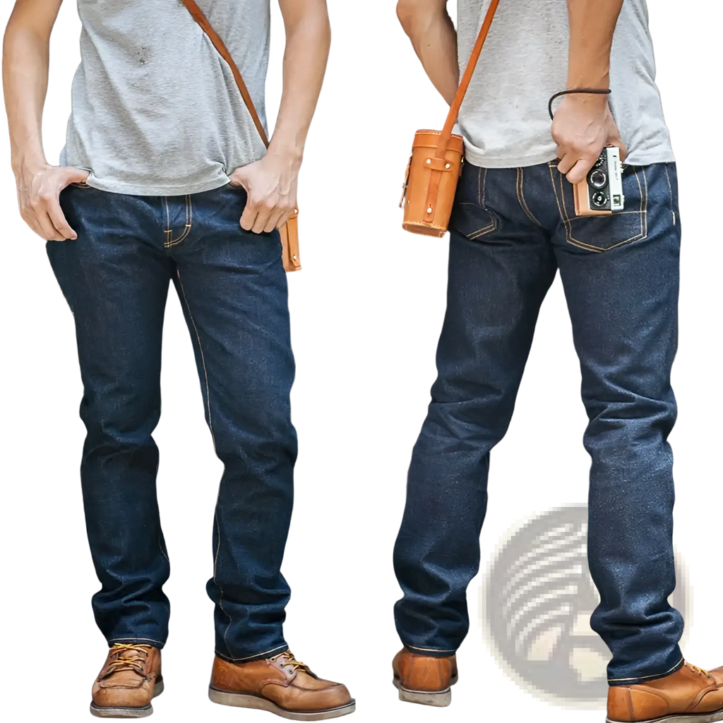 Dark indigo denim jeans with light brown stitching and classic straight-leg cut in Red Tornado 16oz slim straight selvedge design