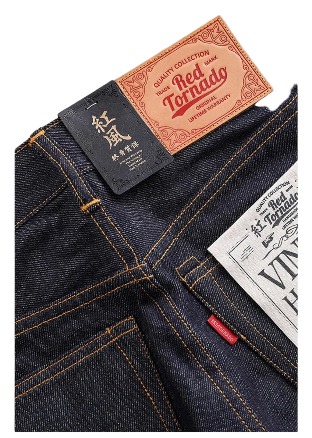 Dark indigo selvedge denim jeans with orange stitching and red tornado branded labels slim straight fit