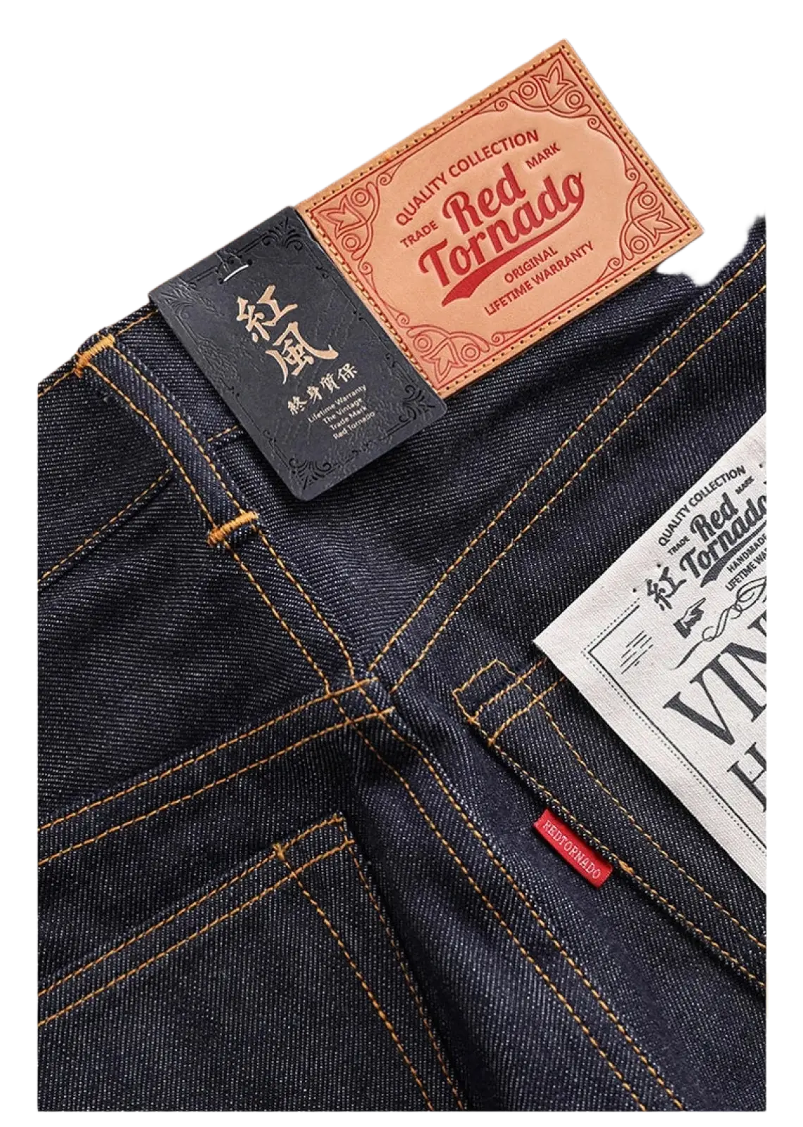 Dark indigo selvedge denim jeans with orange stitching and red tornado branded labels slim straight fit