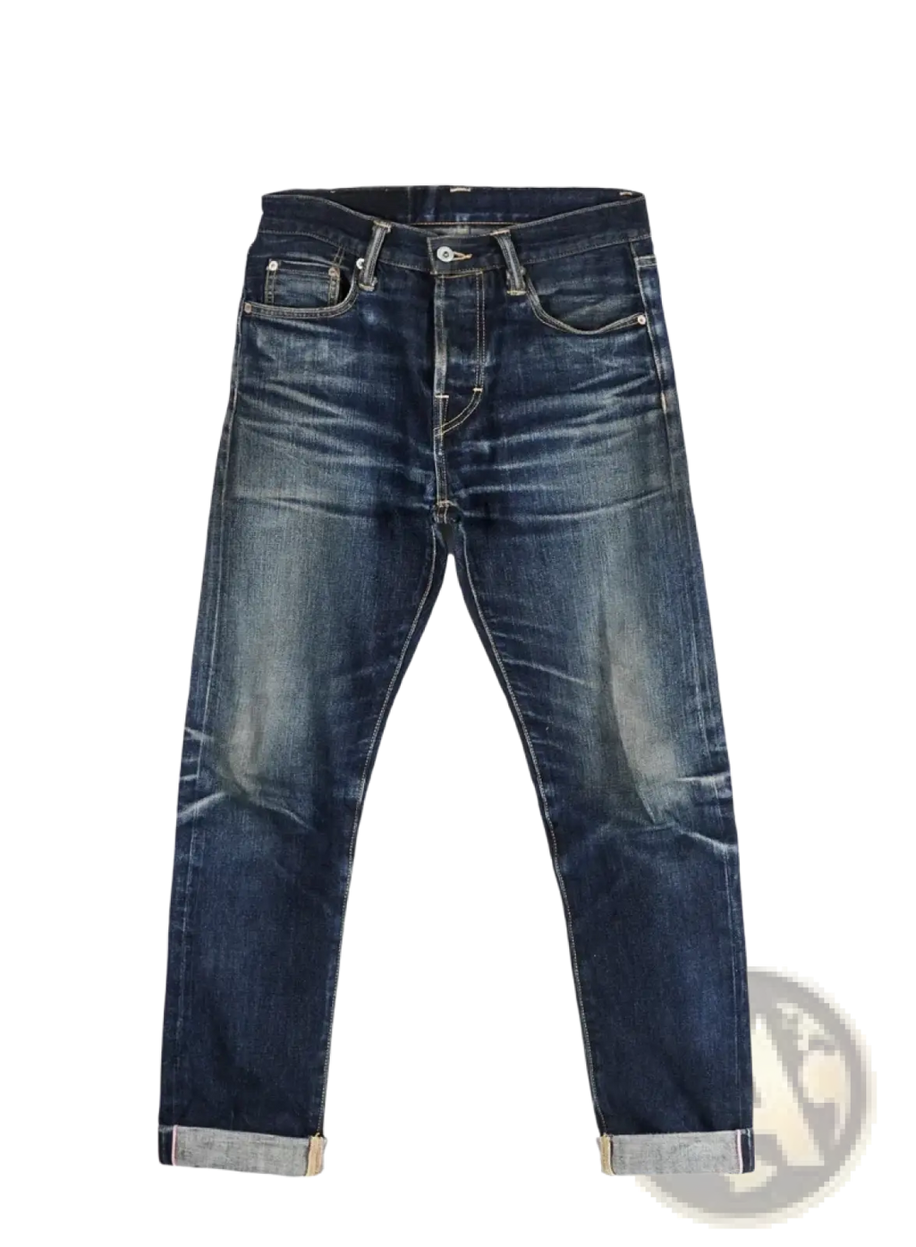 Dark indigo Red Tornado 16oz slim straight selvedge jeans with a worn faded finish and rolled cuffs