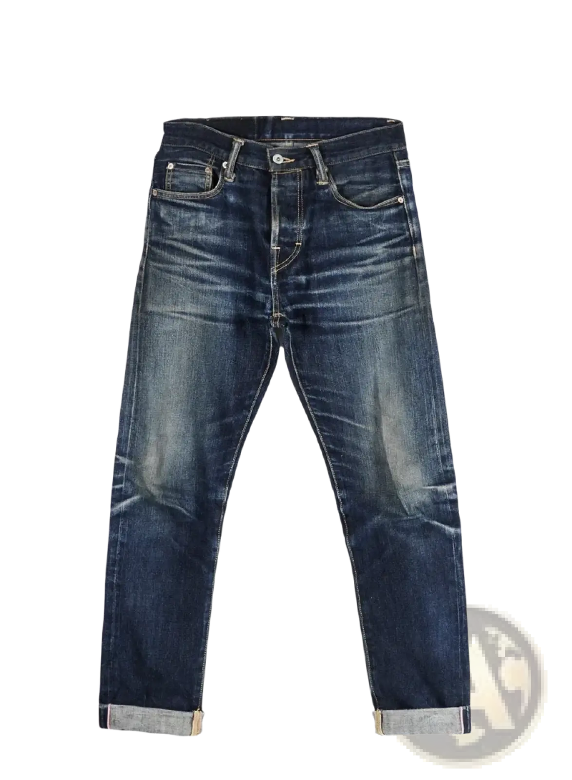 Dark indigo Red Tornado 16oz slim straight selvedge jeans with a worn faded finish and rolled cuffs