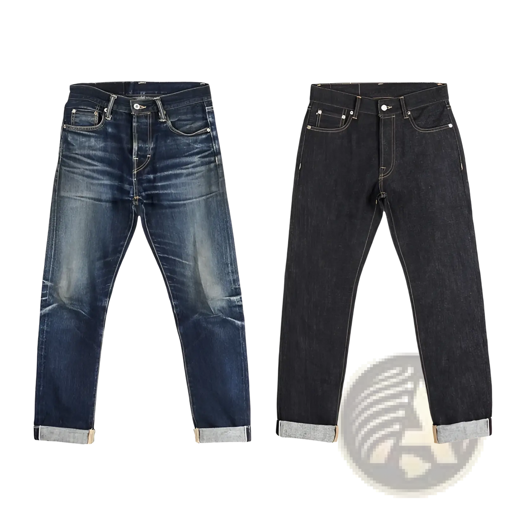 Dark-wash red tornado 16oz slim straight selvedge jeans with classic five-pocket design and worn-in look after 4 washes
