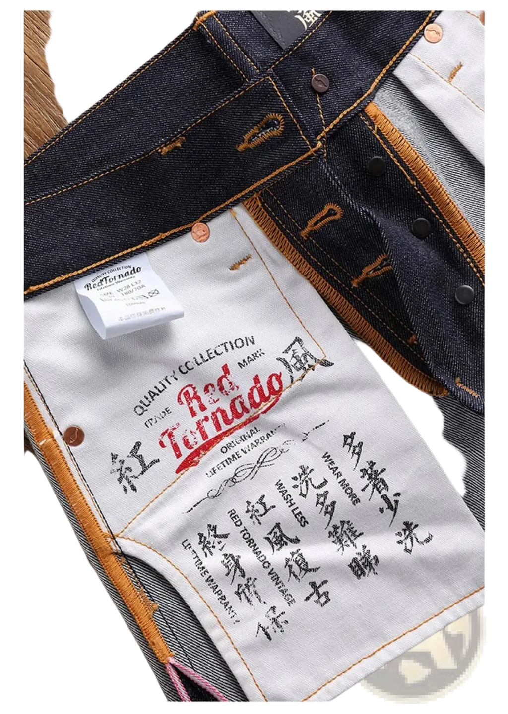 Dark-wash dark wash denim red tornado 16oz slim straight selvedge jeans with white label and orange stitching