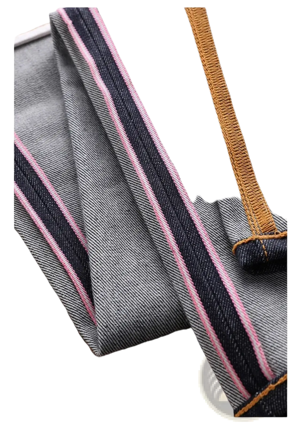 Gray red tornado 16oz slim straight selvedge denim jeans with pink and black striped seam detailing and tan stitching
