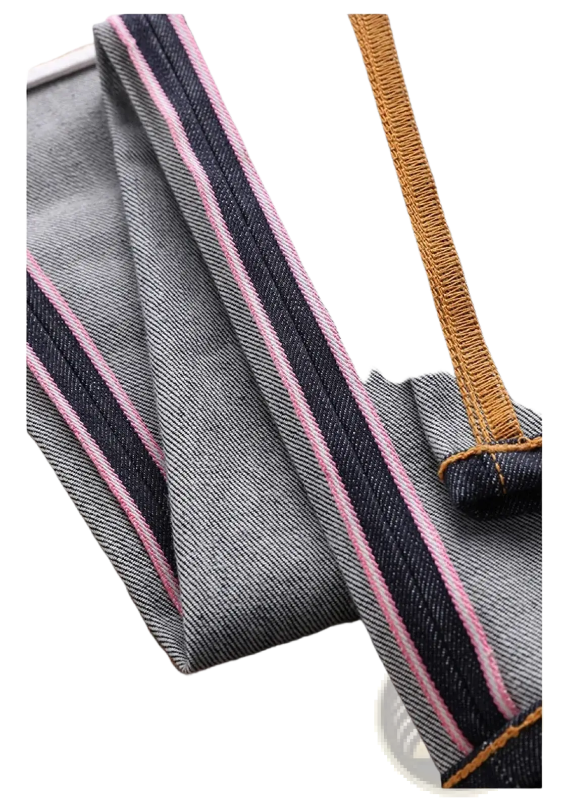Gray red tornado 16oz slim straight selvedge denim jeans with pink and black striped seam detailing and tan stitching