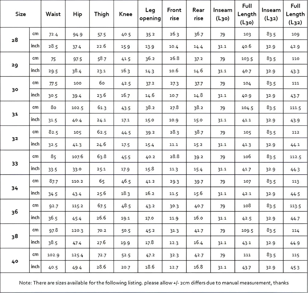 Size chart for red tornado 16oz slim straight selvedge jeans showing measurements in centimeters and inches for sizes 28 to 40