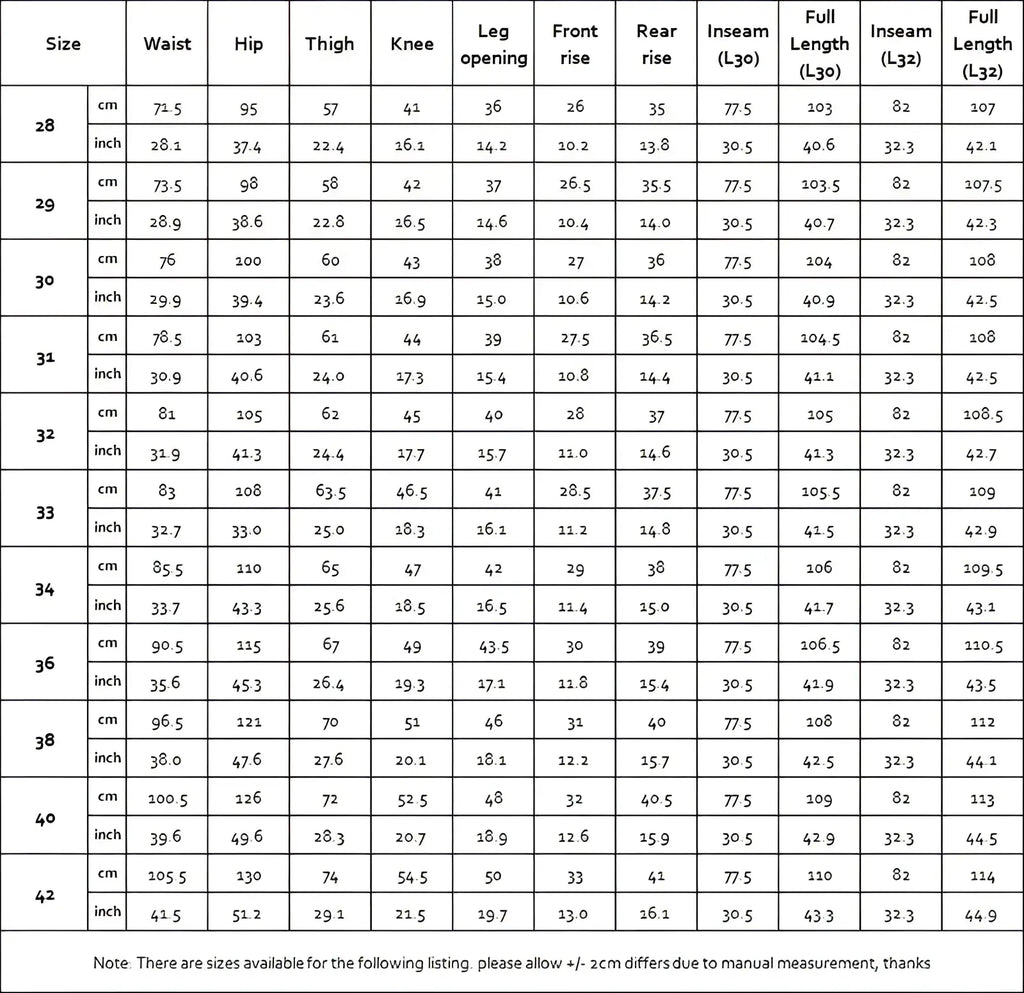 Size chart for red tornado 16oz slim straight selvedge jeans displaying women’s pants measurements in cm and inches
