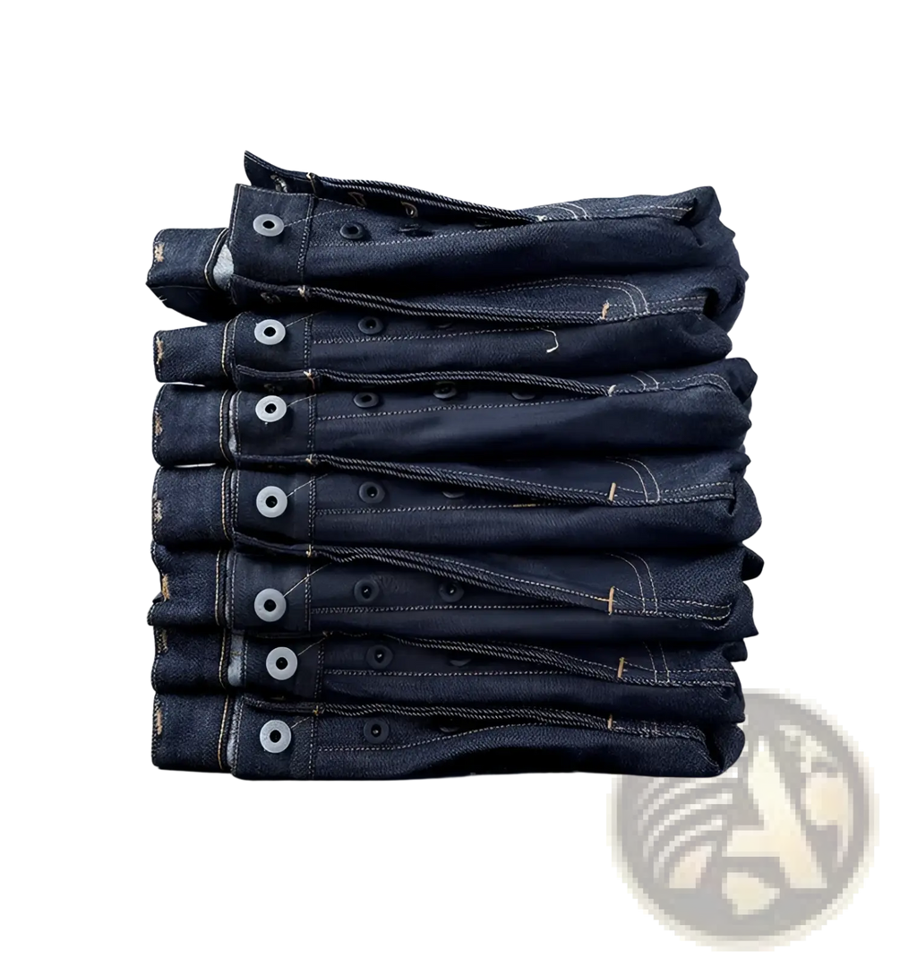 Stack of dark indigo red tornado 16oz slim straight selvedge denim jeans with white stitching and silver buttons