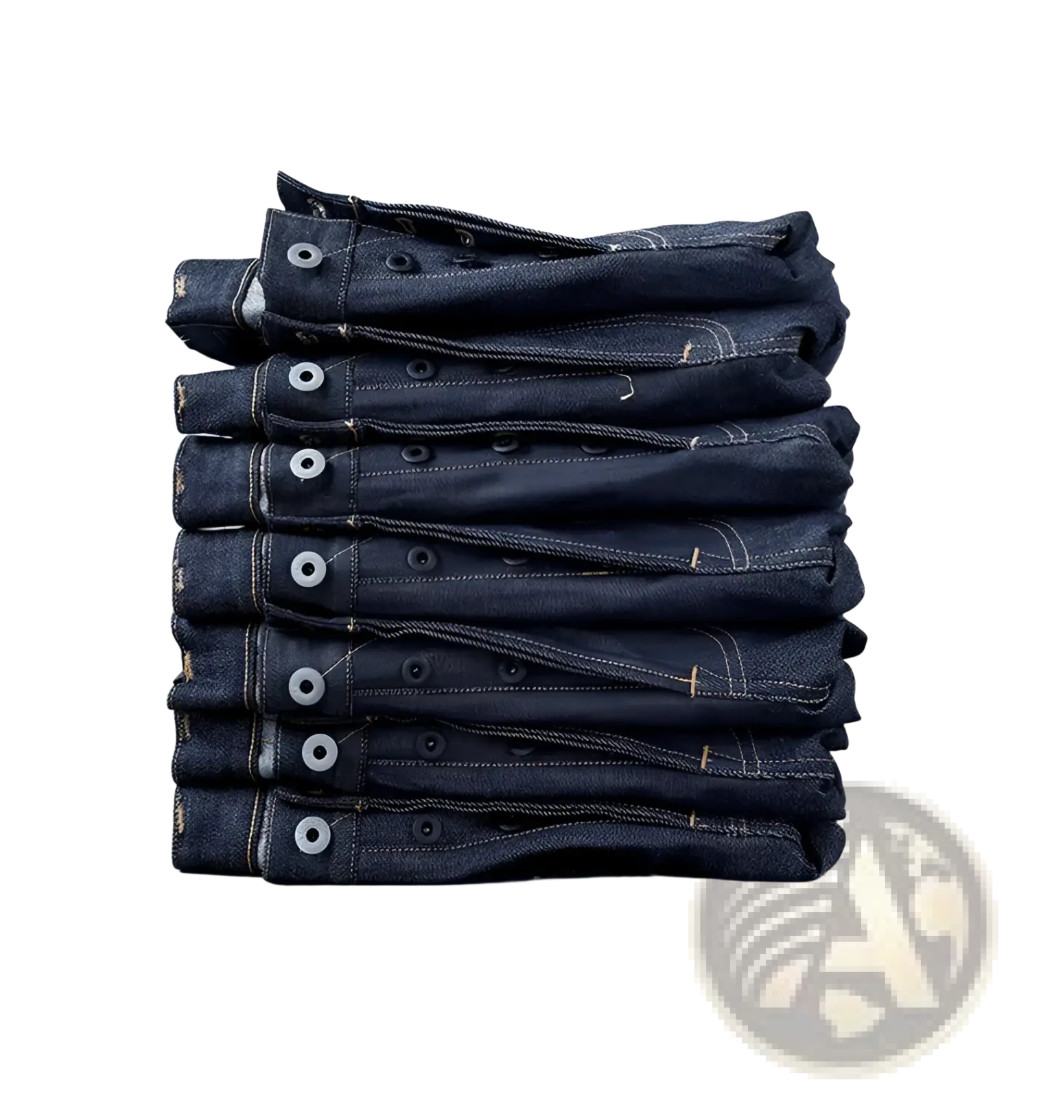 Stack of dark indigo red tornado 16oz slim straight selvedge denim jeans with white stitching and silver buttons