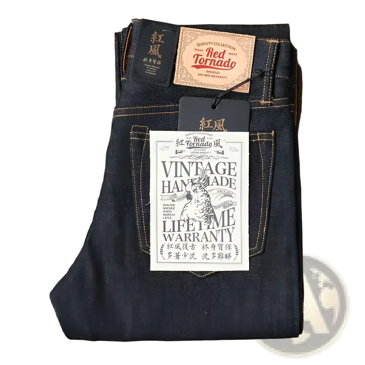 Dark indigo red tornado 16oz slim straight selvedge jeans with vintage hand made branding tags and lifetime warranty label