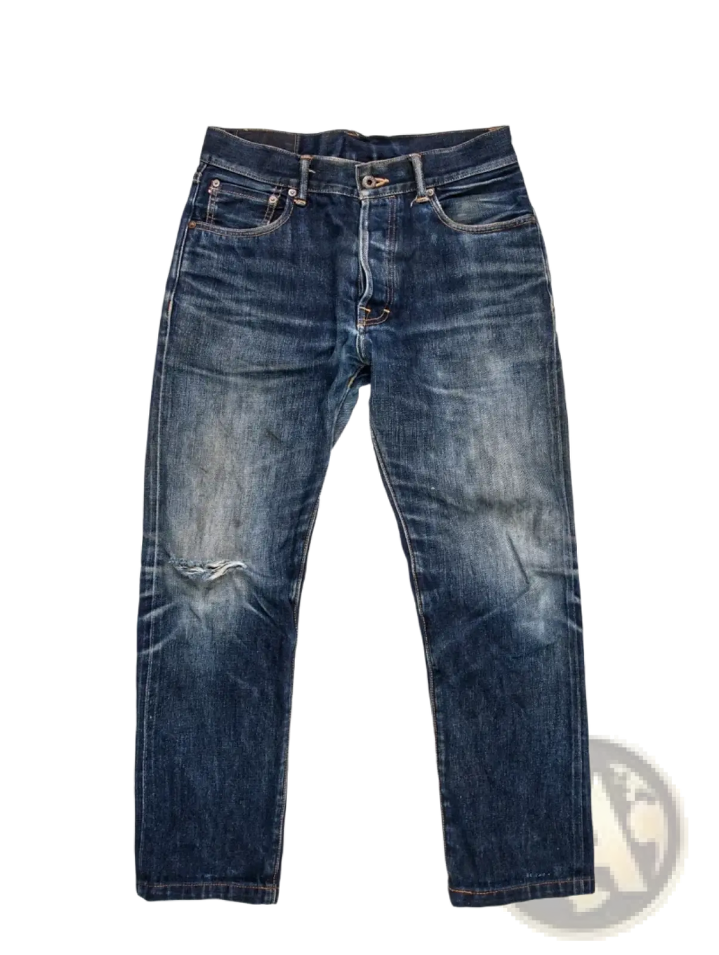 Worn dark-wash red tornado 16oz slim straight selvedge jeans with faded patches and distressed knee area