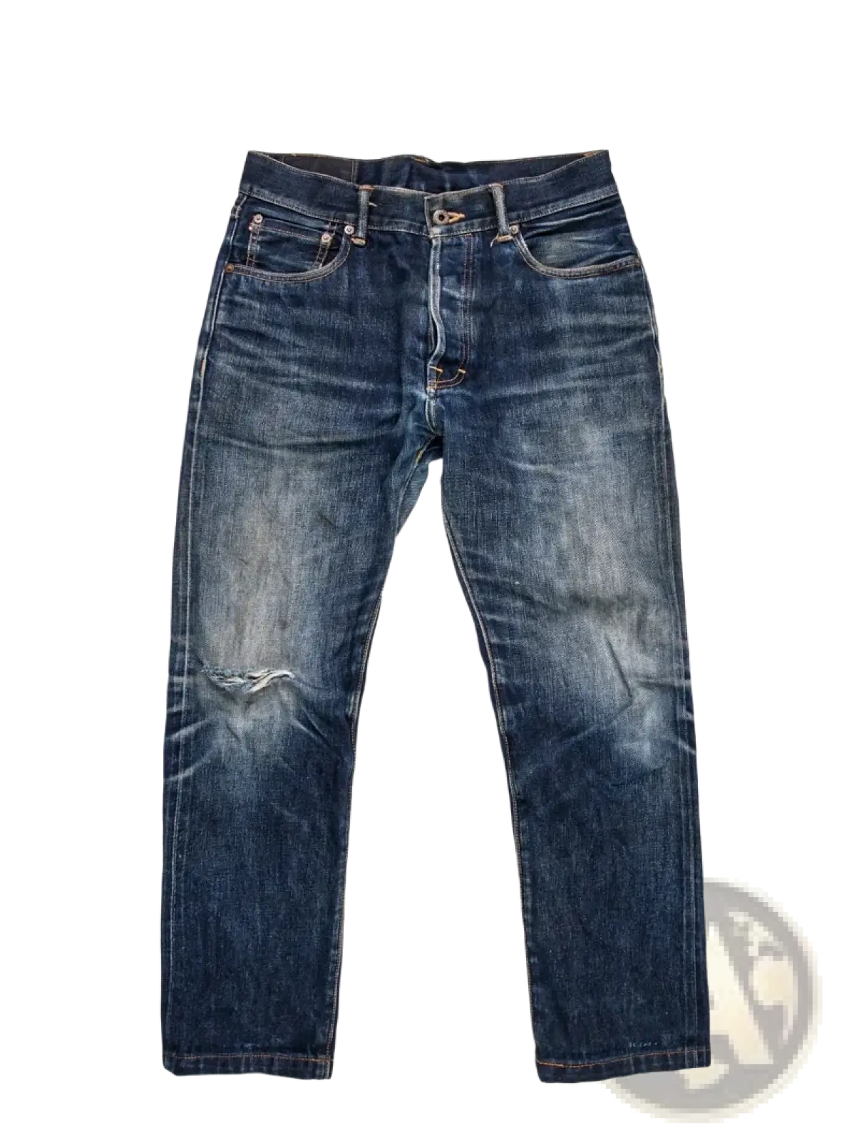 Worn dark-wash red tornado 16oz slim straight selvedge jeans with faded patches and distressed knee area